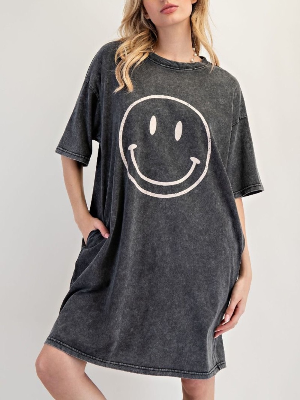 NWT EASEL Bohemian Retro Black Mineral Washed Smiley Face Tee Shirt Dress S M L